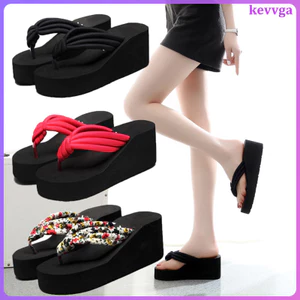 Dép đi biển Dép đế cao gót nữ màu đen kevga