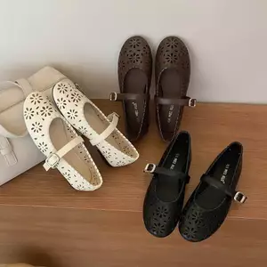 TT Rỗng Hoa Đế Phẳng Giày Nữ Thoáng Khí Mary Jane Giày Phù Hợp Với Da Thật Thời Trang