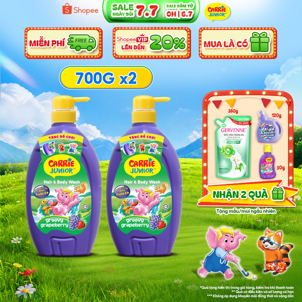 Combo 2 Sữa Tắm Gội thành phần thiên nhiên Sạch Dịu Nhẹ & ẩm mịn Cho Bé Carrie Junior Hương Grapeberry 700g /chai