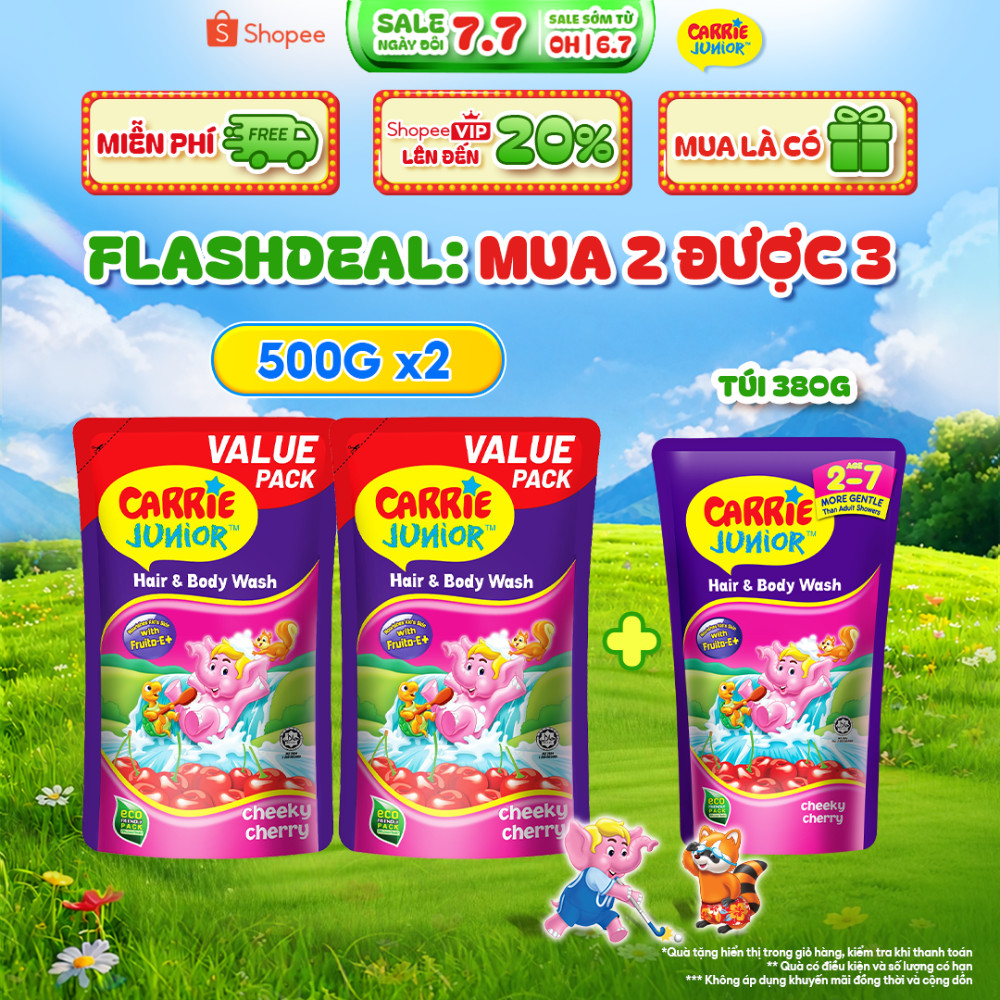 Combo 2 Túi Sữa Tắm Gội thiên nhiên Sạch Dịu Nhẹ & ẩm mịn Cho Bé Carrie Junior hương Cheeky Cherry (500g x 2)