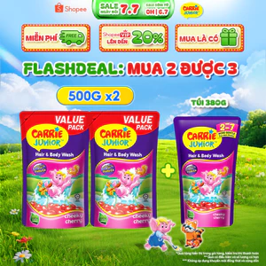 Combo 2 Túi Sữa Tắm Gội thiên nhiên Sạch Dịu Nhẹ & ẩm mịn Cho Bé Carrie Junior hương Cheeky Cherry (500g x 2)