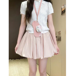 Nữ Mùa Hè Cao Cấp Chữ A Váy Mini Tích Hợp Quần Short Giảm Béo Xếp Ly Puff Hem Skort Cho Nhỏ Màu Hồng