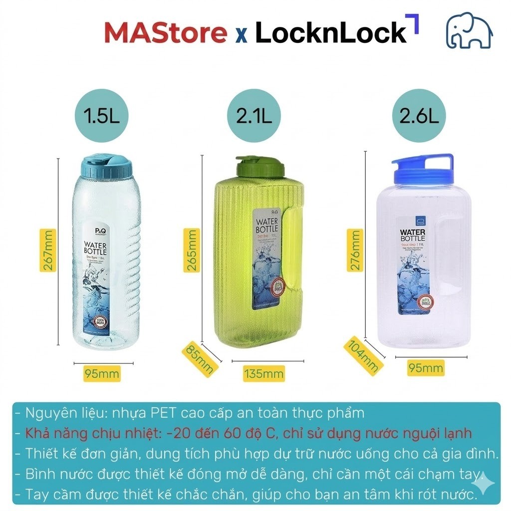 Bình đựng nước LocknLock, đựng trà sữa dùng ở nhà, văn phòng dung tích 1.2L đến 2.6L [MAStore]