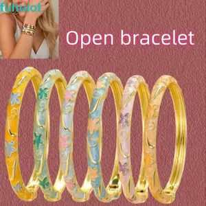 Vòng tay tráng men FUHUIOT, Vòng tay thả dầu cổ điển tươi mát và ngọt ngào, Hoa năm cánh phong cách Bohemian Phong cách quốc gia Men đầy màu sắc Vòng tay tráng men nhỏ giọt Trang sức tối giản