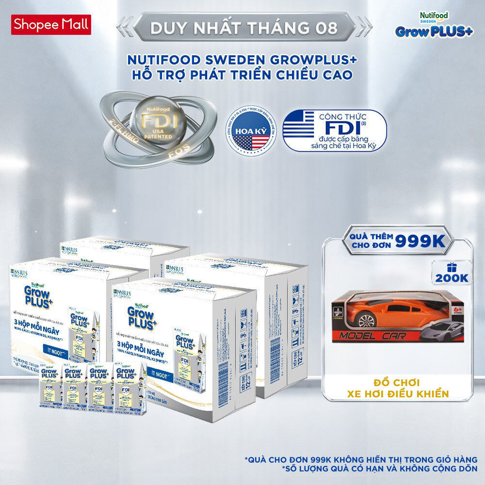 Combo 4 Thùng 24 hộp Sữa Bột Pha Sẵn Nutifood Sweden GrowPLUS+ Cao lớn vượt trội hộp 110 ml