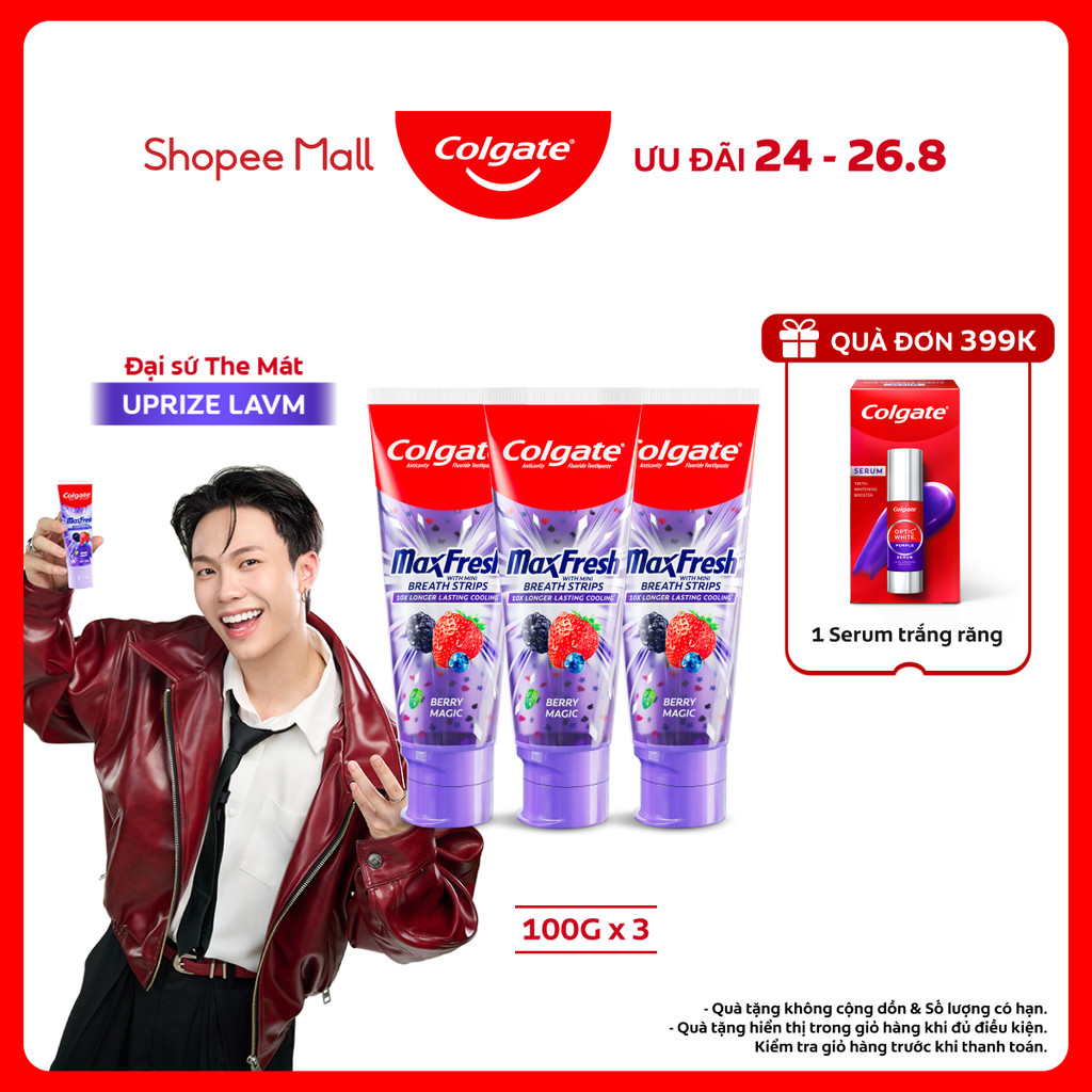 Bộ 3 Kem đánh răng Colgate MaxFresh Hương nhiệt đới, tinh thể cầu vồng the mát 100g/ tuýp