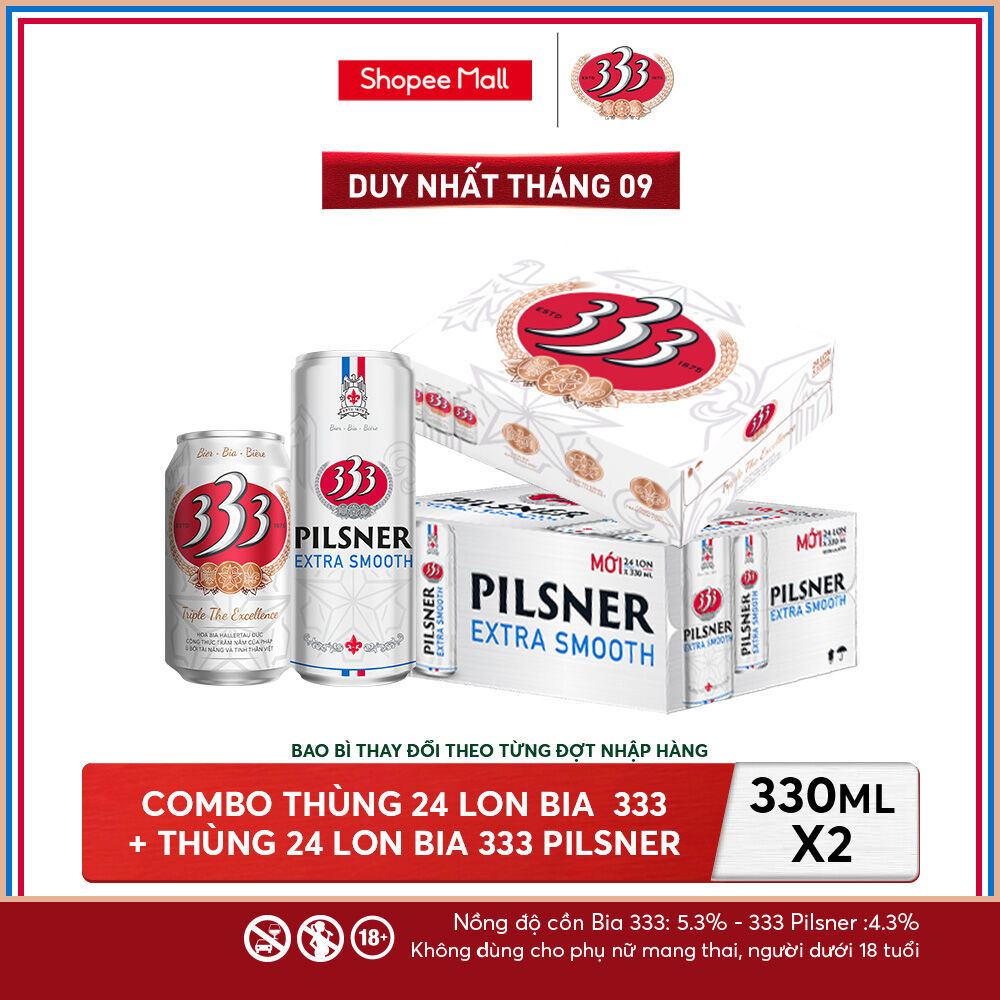 Nồng độ cồn 5.3% - Combo 1 Bia 333 24 Lon 330ml + Nồng Độ Cồn 4.3% - 1 Bia 333 Pilsner 24 Lon 330ml