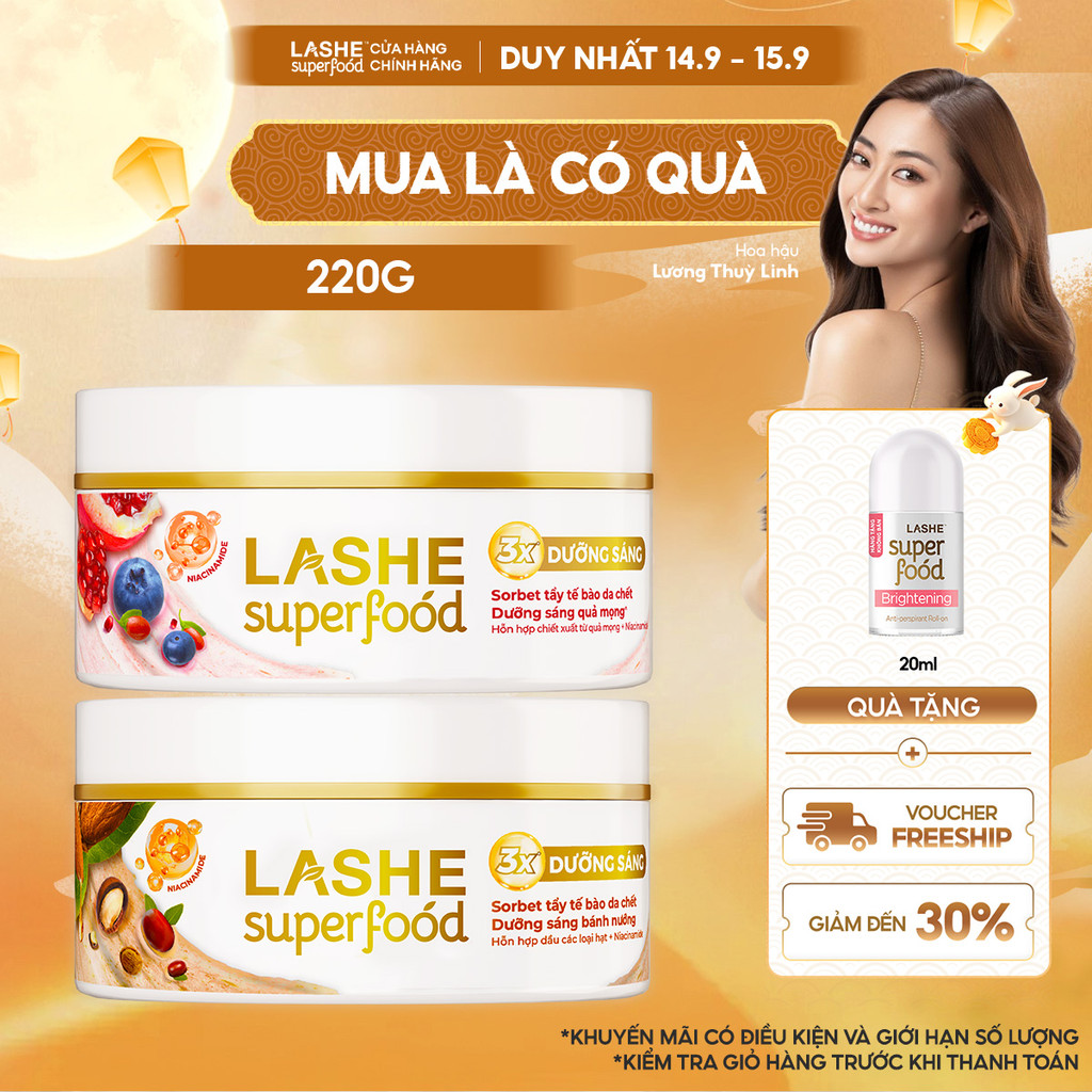 Kem Tuyết Tẩy Tế Bào Chết LASHE SUPERFOOD Dưỡng Sáng Da Hương Quả Mọng 240G / Hương Bánh Nướng 220G