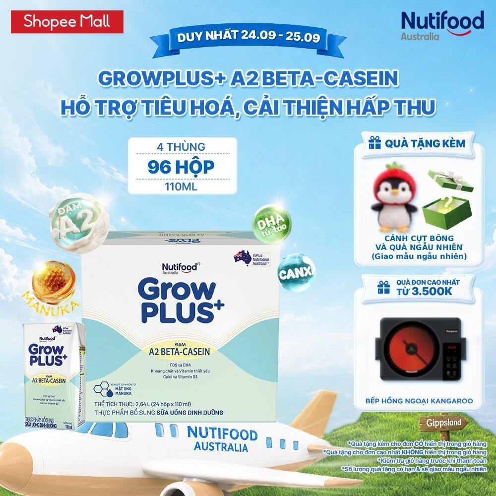 Combo 4 x Thùng 24 hộp Sữa bột pha sẵn GrowPLUS+ Đạm A2 Beta-Casein Hộp 110ml hỗ trợ tiêu hóa, hấp thu dưỡng chất
