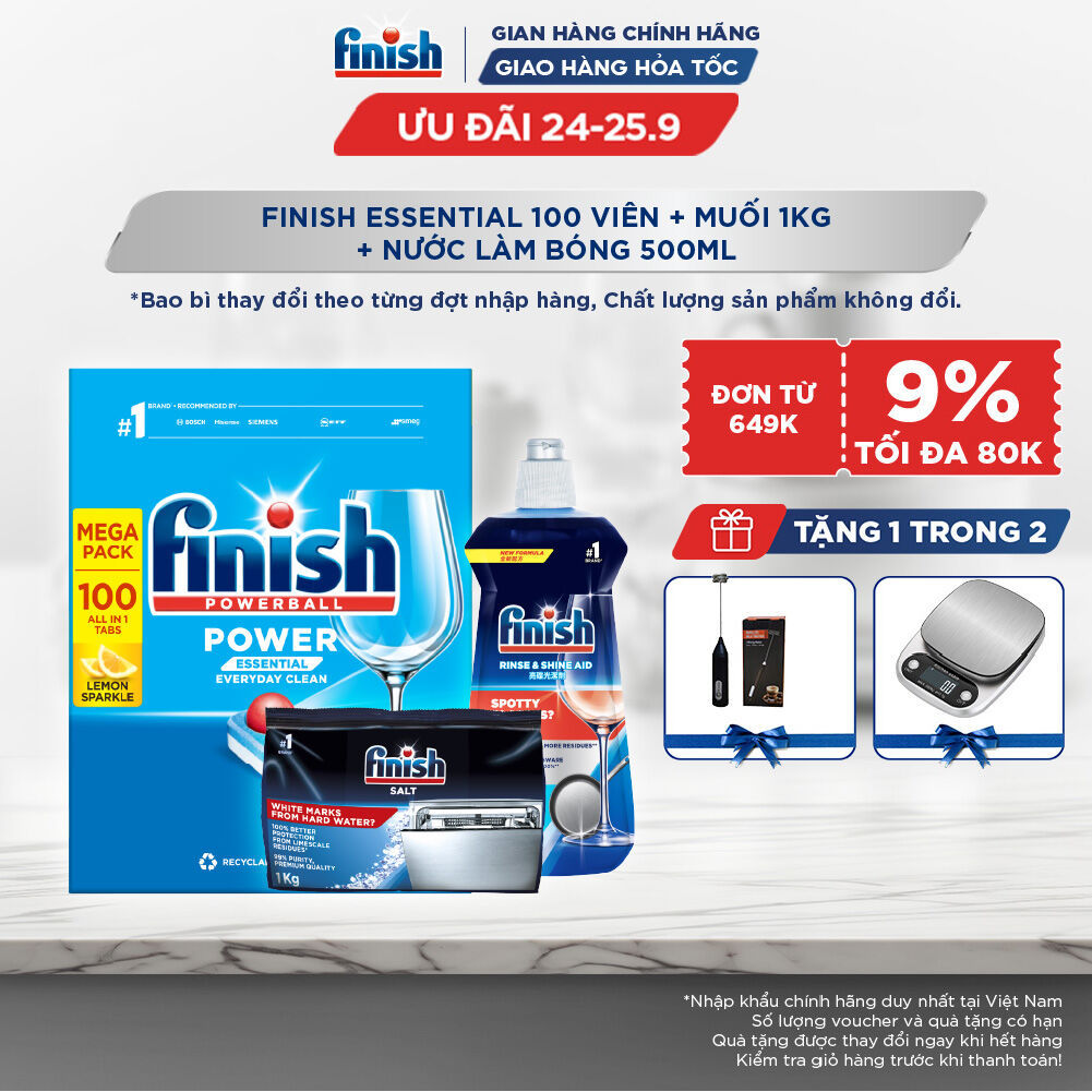 Combo Finish tiện lợi 2: Hộp 100 Viên Rửa Bát Essential + Nước Làm Bóng Finish 500ml + Muối Rửa Chén Finish Salt
