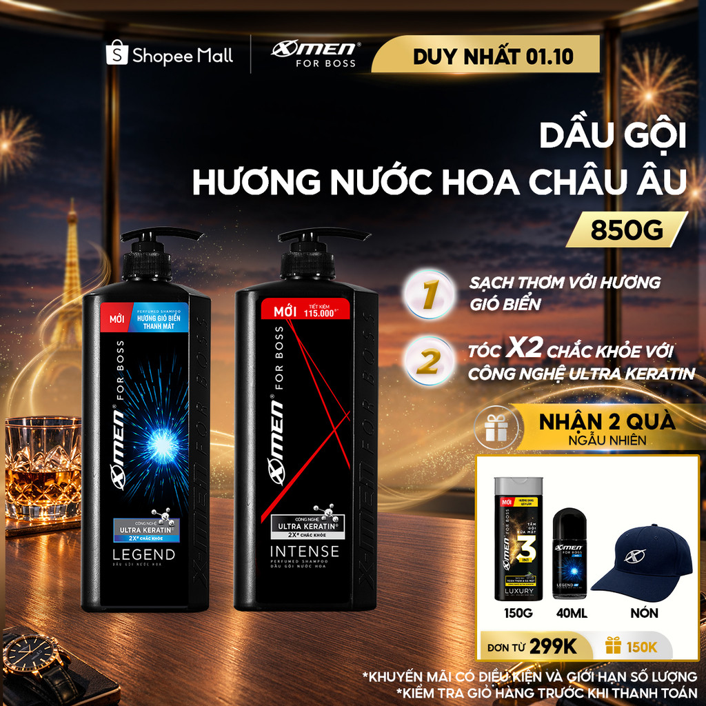 Dầu gội Nam XMen for Boss 850g Intense/Legend, Hương Nước Hoa Châu Âu Sang Trọng Lịch Lãm