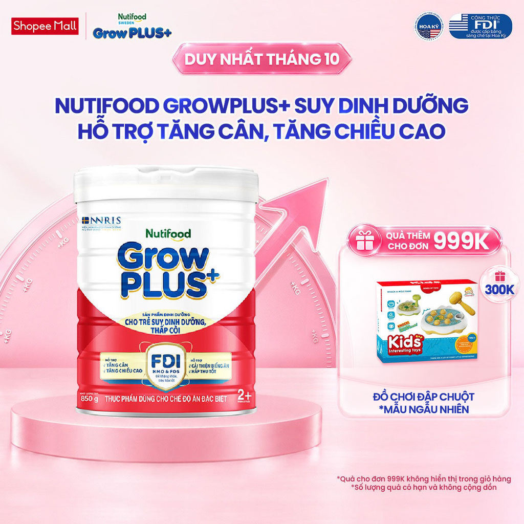 Sữa bột Nutifood GrowPLUS+ Suy Dinh Dưỡng (Đỏ) 2+ - Tăng Cân & Tăng Chiều Cao - Lon 850g