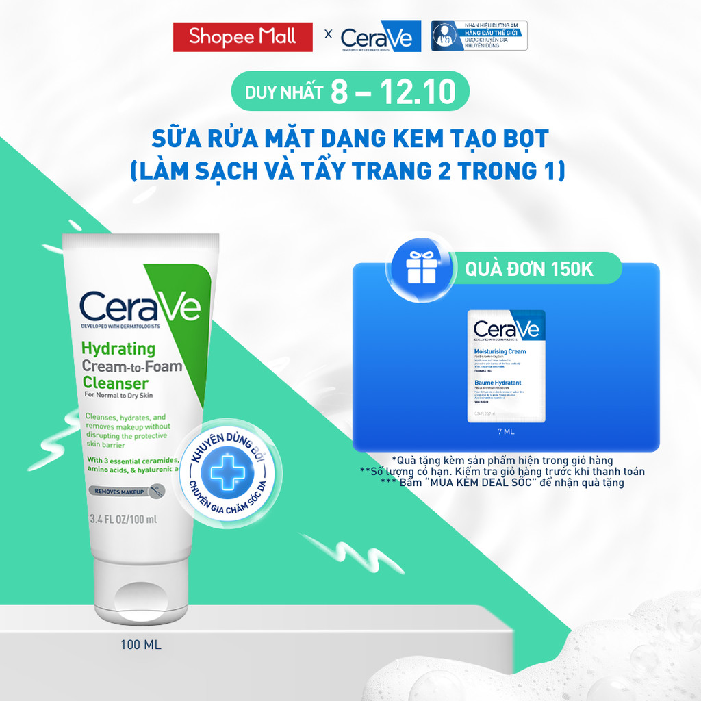 Sữa rửa mặt CeraVe dạng kem tạo bọt (làm sạch và tẩy trang 2 trong 1) Hydrating Cream-to-Foam Cleanser 100ml