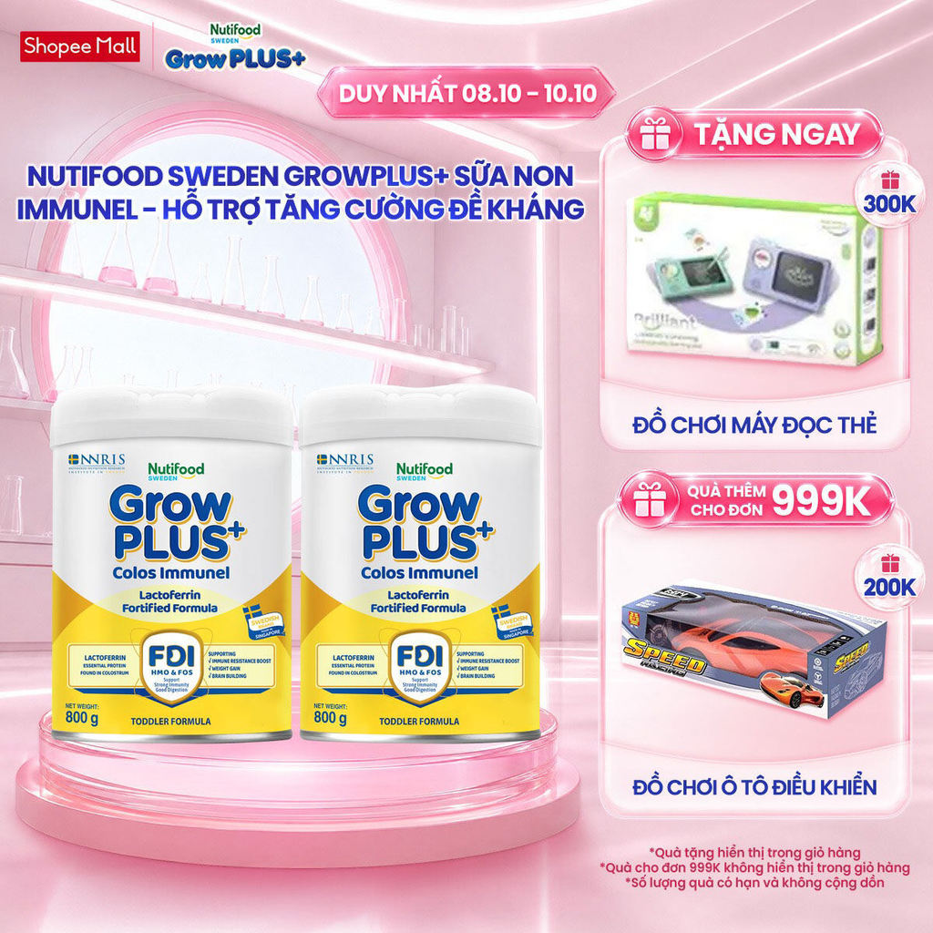 Combo 2 Sữa Bột Nutifood Sweden GrowPLUS+ Sữa Non Immunel lon 800 g (Bao bì tuỳ lô hàng)