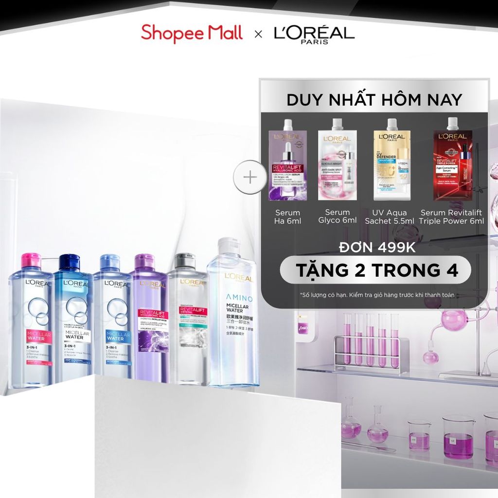 [AMINO MICELLAR MỚI] Nước tẩy trang làm sạch sâu, loại bỏ bụi bẩn & trang điểm 3-in-1 L'Oreal Paris Micellar Water 400ml