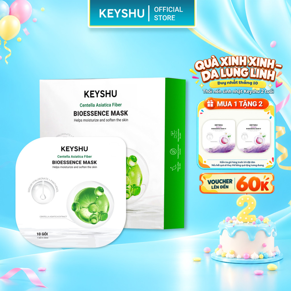 [TẶNG 2 MIẾNG] 1 Hộp Mặt Nạ Sợi Xơ Rau Má Centella Fiber KEYSHU Dưỡng Ẩm, Hỗ Trợ Ngăn Ngừa Lão Hóa 10 Miếng 30ML