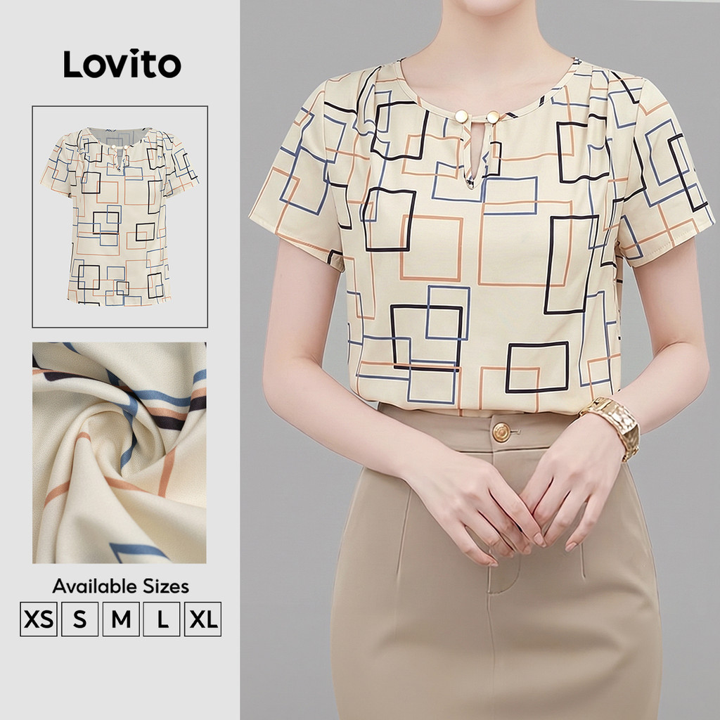 Áo kiểu nữ Lovito mơ xuân hè cắt xẻ nút hình học thanh lịch BLB201P1D630