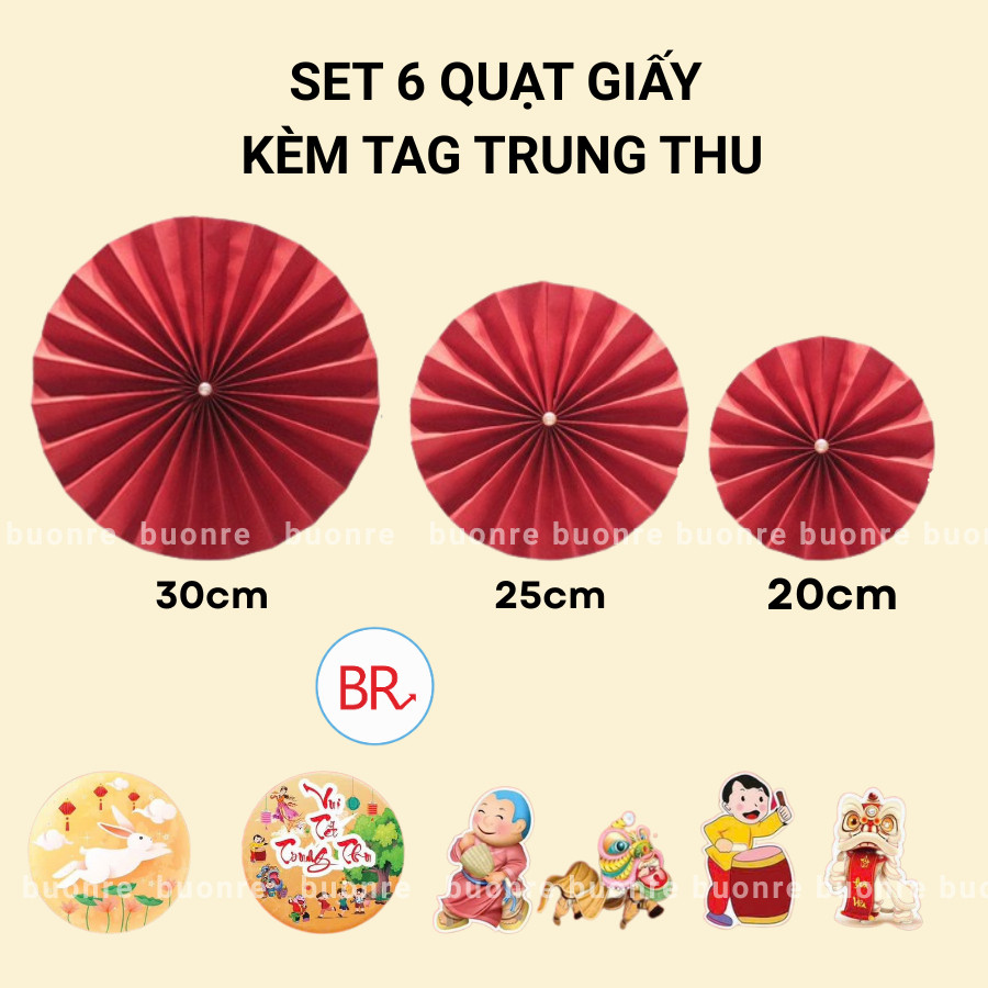 Set 6 Quạt Giấy Đỏ Trang Trí Trung Thu, Kèm Tag Decor Lễ Hội Trăng Rằm, Treo Nhà Cửa, Quán Cafe, Trường Học