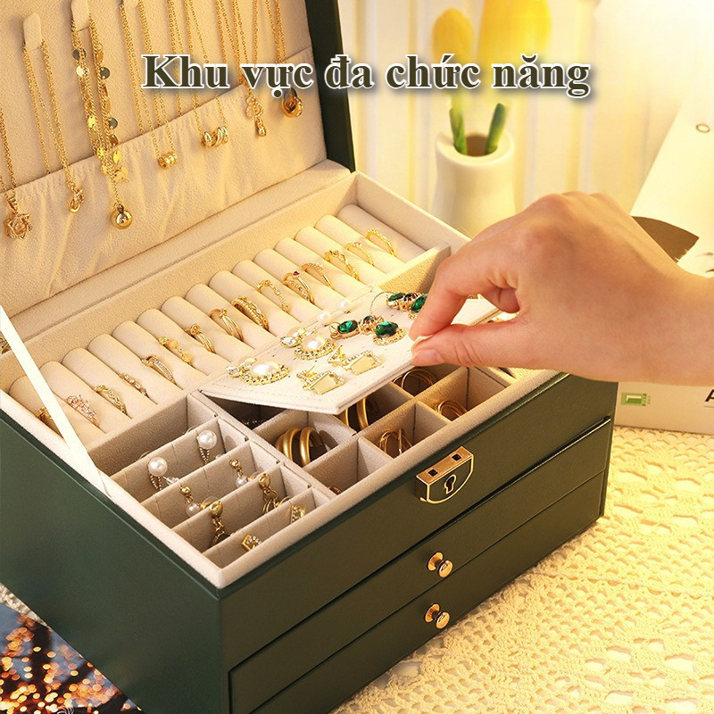 [ Kèm khóa] Hộp đựng trang sức 3 tầng, bọc da vân nổi, đa ngăn, hộp đựng nữ trang