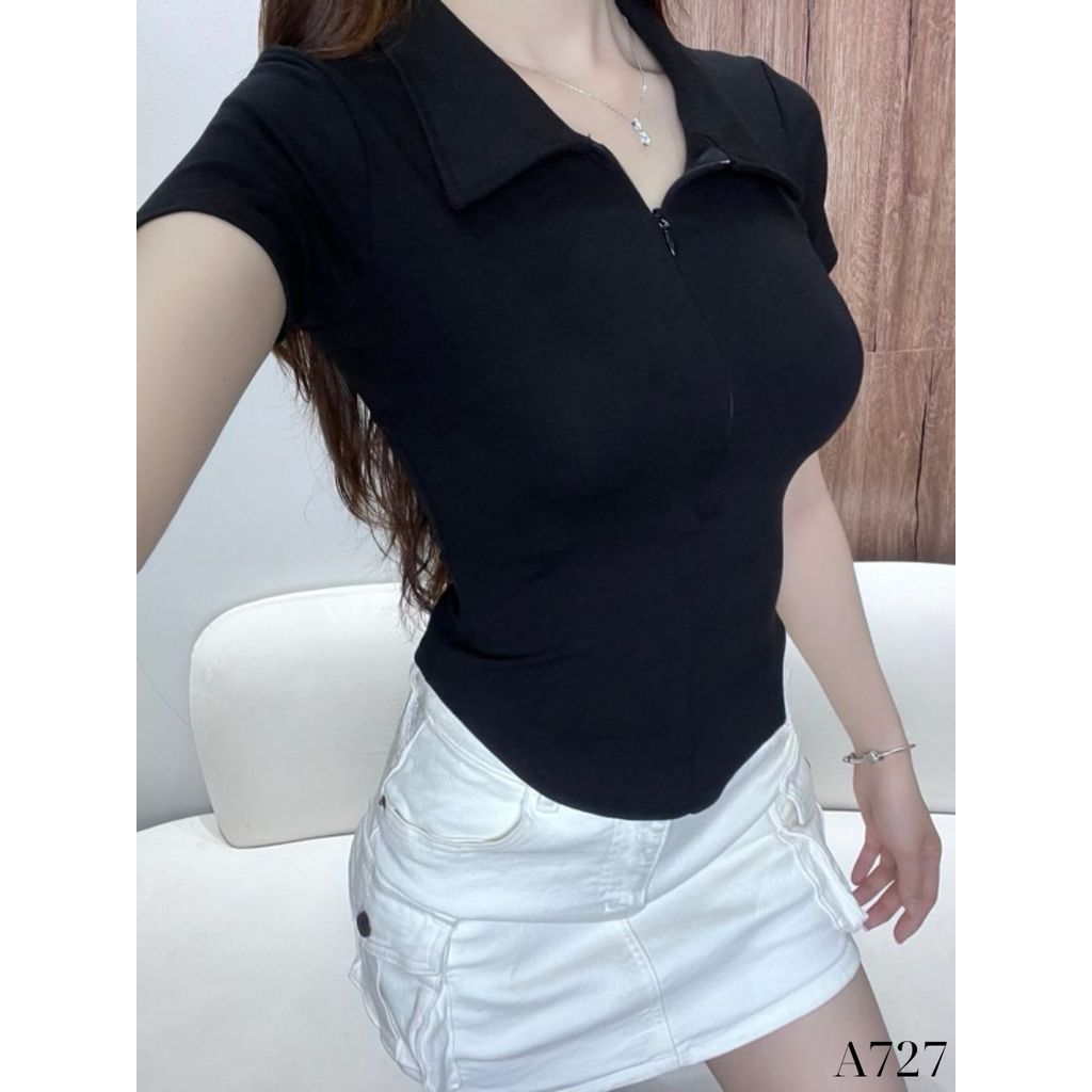 Áo Thun Nữ Ôm Body Cổ Bẻ Có Khóa, Chất Cotton Co Giãn Mát, Polo Nữ Thanh Lịch_A727