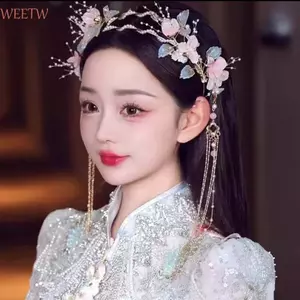 WEETW Băng Đô Quấn Tóc Cổ, Vương Miện Hạt Hanfu Tua Rua Tóc, Hoa Tinh Tế Hợp Kim Pha Lê Lắc lư Cổ Tích Mũ Sườn Xám