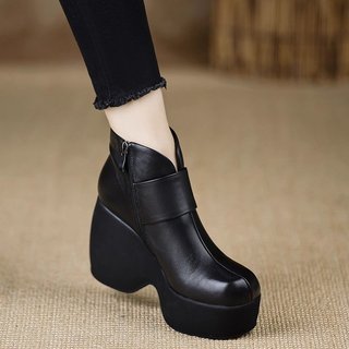 Giày Bốt Ngắn Nữ Ngón Tròn Dày Gót Chống Thấm Nước Nền Tảng Velcro Bên Dây Kéo Thời Trang