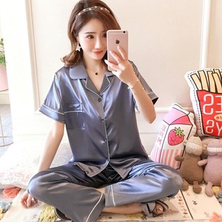 Bộ đồ ngủ lụa màu mỡ mùa hè dành cho nữ Quần ngắn tay Cardigan Size lớn M-5XL Giả lụa Quần áo gia đình Bộ đồ 10 màu