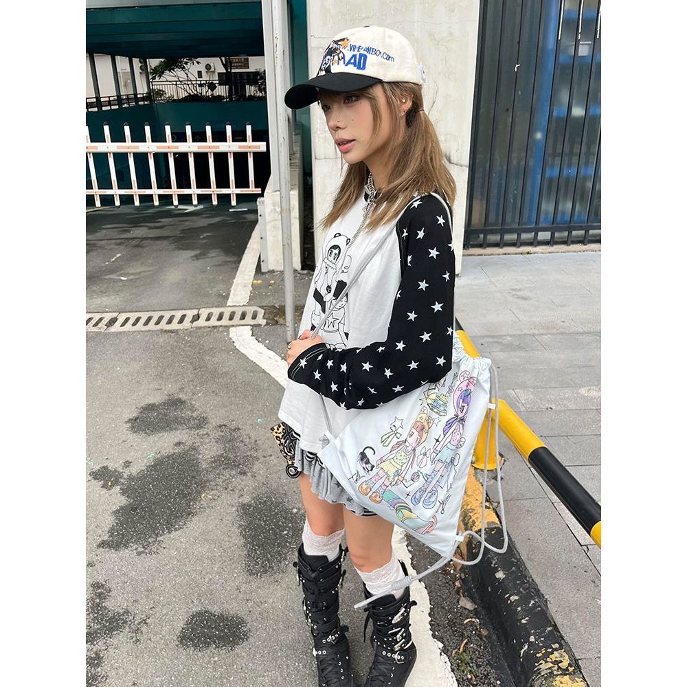 Milyfashion Rời Kích Thước Lớn Thường Ngày Lười Tương Phản Màu Khâu Retro Top Ngôi Sao In Cổ Tròn Tay Dài T Y2K