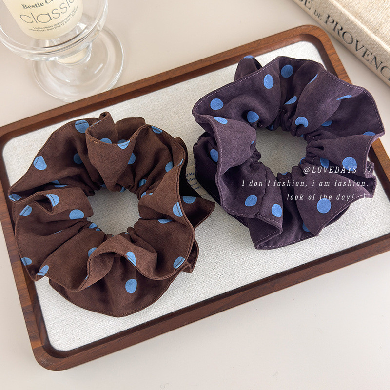 Khăn Scrunchy Tóc Chấm Bi Vuông Màu Xanh Cà Phê, Phong Cách Retro