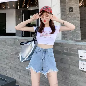 Quần Short Jean PYCOU dành cho nữ, Quần Short Denim cạp cao co giãn, Tua Rua hợp thời trang Viền thô Quần ngắn phù hợp cho mùa hè
