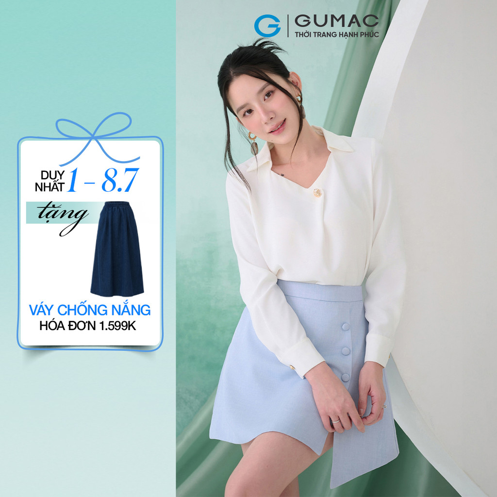 Áo Kiểu Nữ GUMAC Form Suông Tay Dài Măng Set Cổ Vuông Lá Cổ Sơ Mi Lụa Ý Mềm Tiểu Thư AF07028