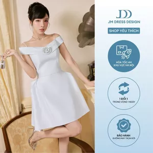 Đầm Party Ngang Vai Nhún Hông 1P10.2605, Đầm Dự Tiệc Trễ Vai Đính Hoa 3D, Váy Xòe Tiểu Thư Sang Chảnh Hiện Đại By JM
