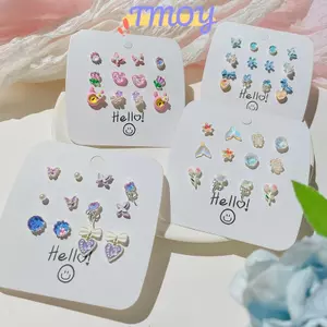 TMOY 1 Bộ Dễ Thương Nhiều Màu Sắc Sáng Bóng Trái Tim Đá Hình Bướm Bông Tai Dành Cho Nữ Bé Gái Bông Tai Thời Trang Trang Trang Sức Dự Tiệc Quà Tặng TMOY
