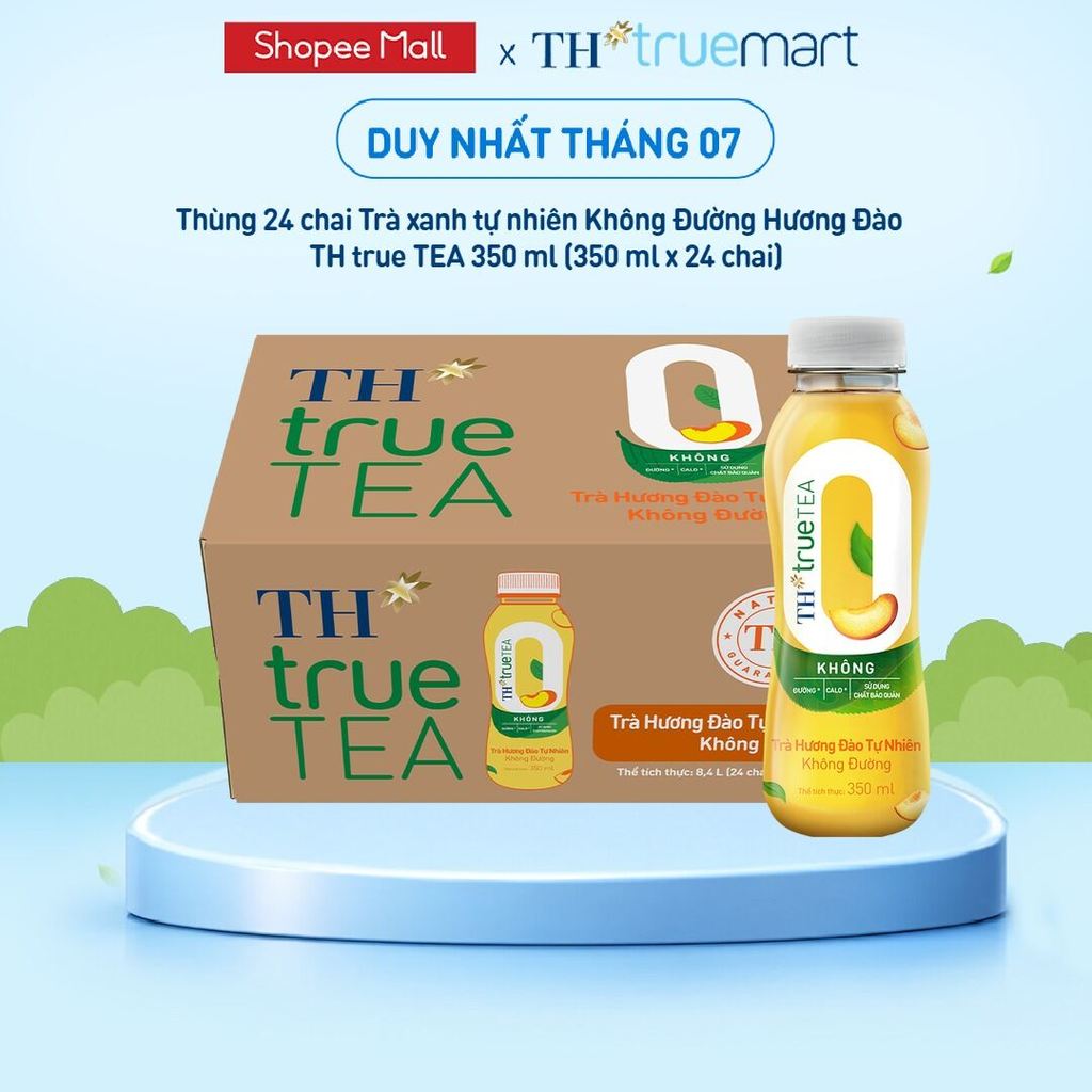 Thùng 24 chai Trà xanh tự nhiên Không Đường Hương Đào TH true TEA 350 ml