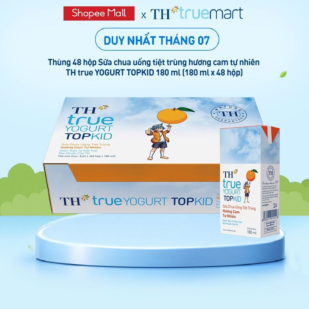 [Livestream] Thùng Sữa Chua Uống Tiệt Trùng TH true YOGURT TOPKID milk Hương Cam 180ml (48 Hộp)