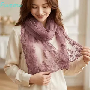 Khăn ren FUJIOU, Khăn choàng hoa thêu mỏng dài thanh lịch, Phiên bản Hàn Quốc Khăn trùm đầu văn học phong cách cổ điển mỏng thời trang Hàn Quốc