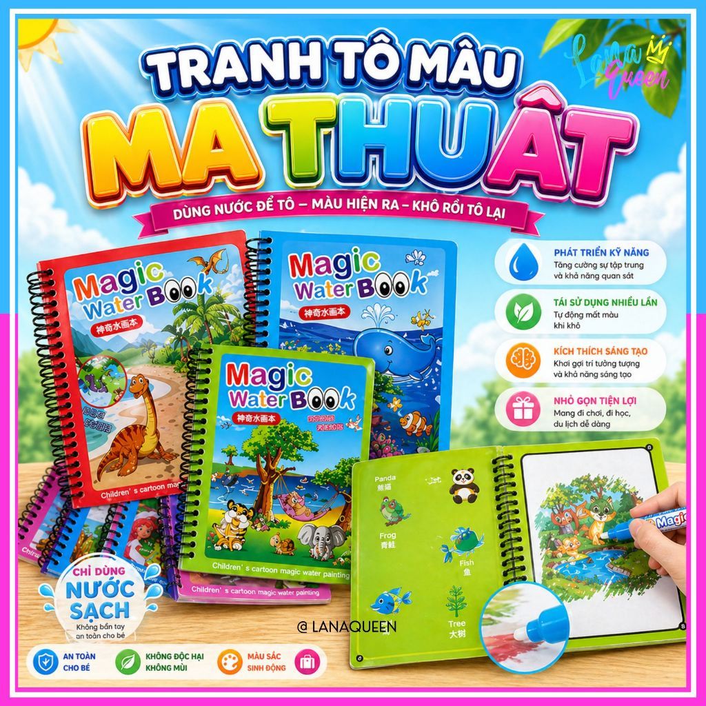 Đồ chơi tranh tô màu nước ma thuật, sách tập tô thần kỳ sử dụng nhiều lần, đa dạng chủ đề LANA QUEEN