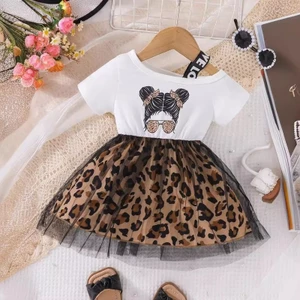 ✿ Bé Gái Da Báo Lưới Đầm Tay Ngắn Cotton Tee Top Ghép Lông Tơ Tutu Váy Mùa Hè Trẻ Em Trang Phục