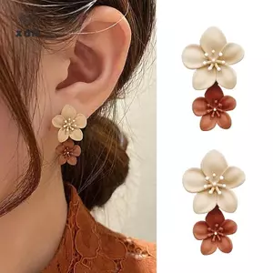 Bông tai Dangle hai màu nâu dành cho nữ Trang sức thời trang Hàn Quốc Tiệc cưới Cô gái Phụ kiện trang sức thanh lịch [Mina]