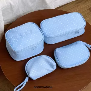 Túi đựng đồ trang điểm chấm bi DONOVANQQ, Túi đựng mỹ phẩm màu xanh nhạt bằng vải Polyester, Túi đựng đồ vệ sinh du lịch đa kích thước cầm tay