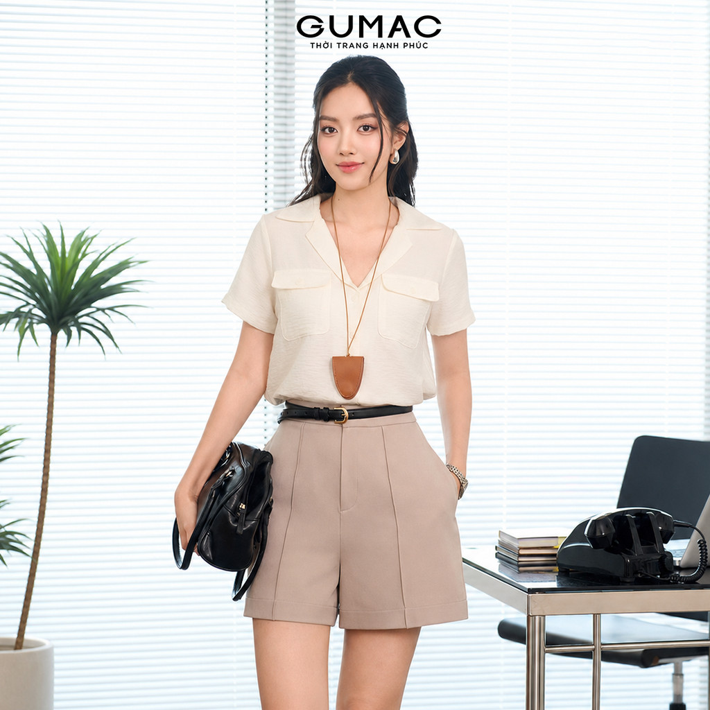 Áo Sơ Mi Nữ Tay Ngắn GUMAC Cổ Danton Kiểu Túi Đắp Đính Nút Trang Trí Trên Nắp Túi Thanh Lịch AF07019