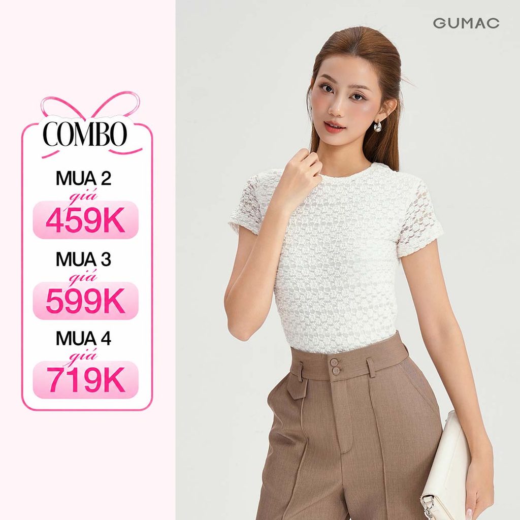 Áo Thun Nữ Cổ Tròn GUMAC Form Slim Ôm Nhẹ Nhàng Tay Ngắn Chất Thun Ren 2 Lớp Thoải Mái LATF0918