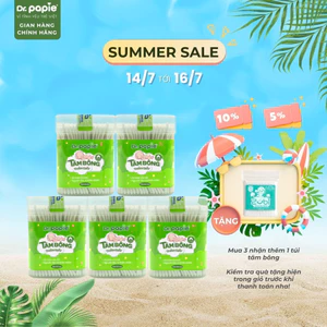 Combo 5 hộp tăm bông thân giấy Dr.Papie 2 đầu tròn 100% cotton mềm mại, an toàn, vệ sinh cho bé sơ sinh (280c /hộp)