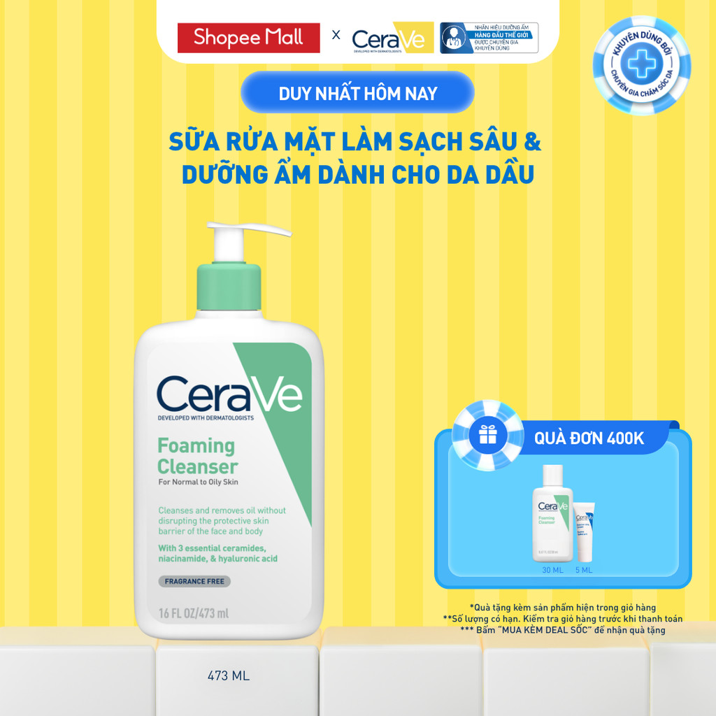 Sữa rửa mặt foaming giúp làm sạch sâu và dưỡng ẩm dịu nhẹ dành cho da dầu - CeraVe Foaming Facial Cleanser 473ML