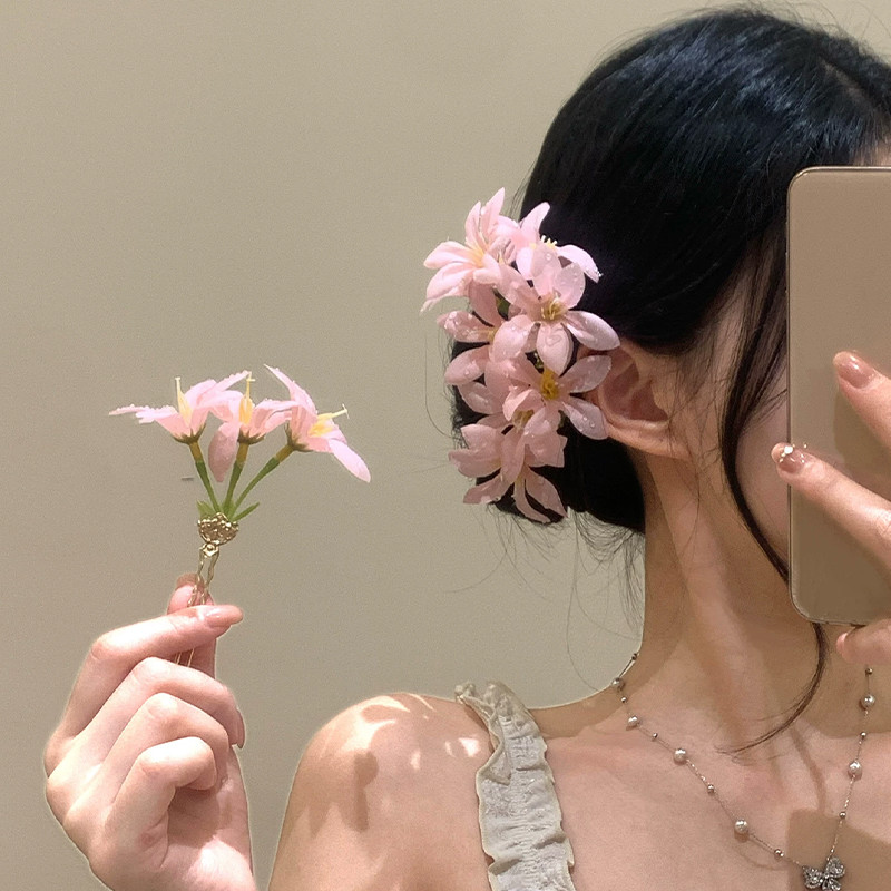 Hoa nhân tạo màu hồng thanh lịch Nữ đi biển Phong cách kỳ nghỉ Phụ kiện Kẹp tóc siêu cổ tích