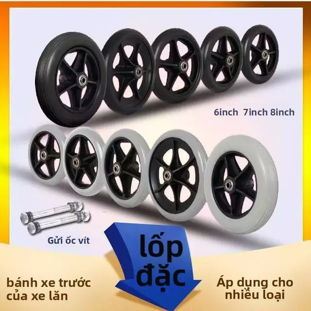 Bánh xe lốp đặc đa dụng, dùng cho xe lăn, xe trượt trẻ em, xe đẩy y tế, tặng trục vít, size 6/7/8 inch