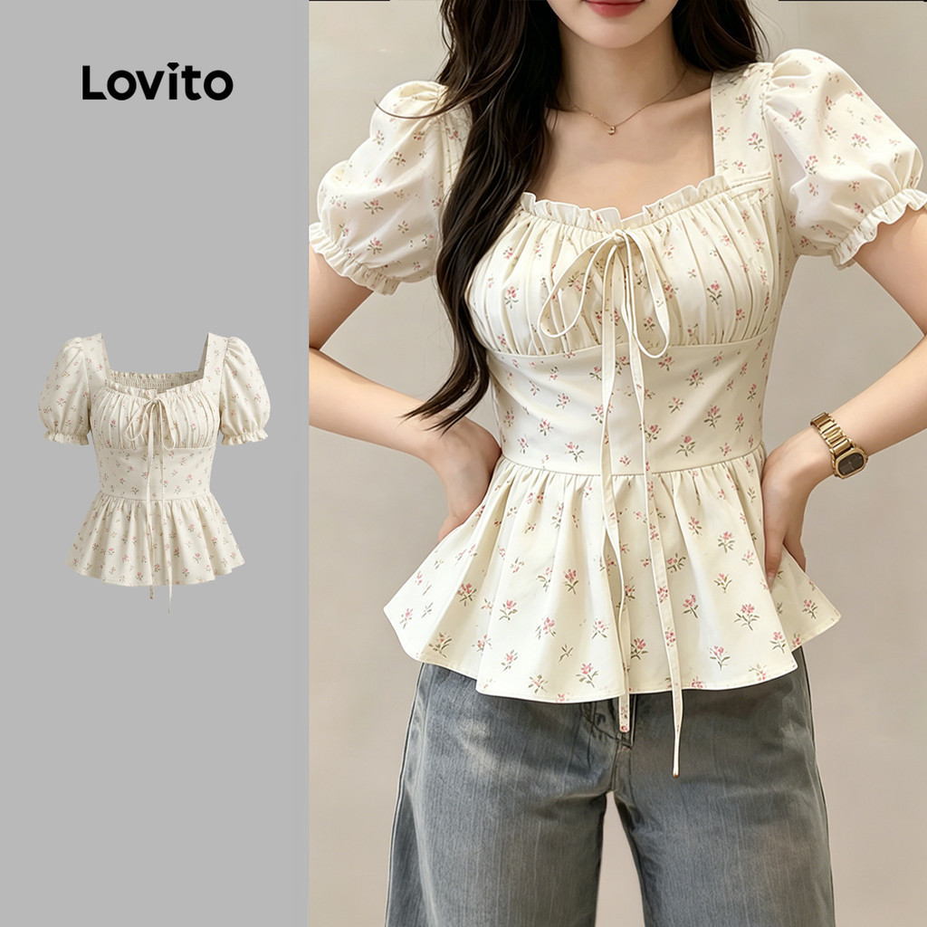 (New Arrival) Lovito Áo kiểu nữ thời trang xuân hè nơ phong cách thường ngày LK7AD138