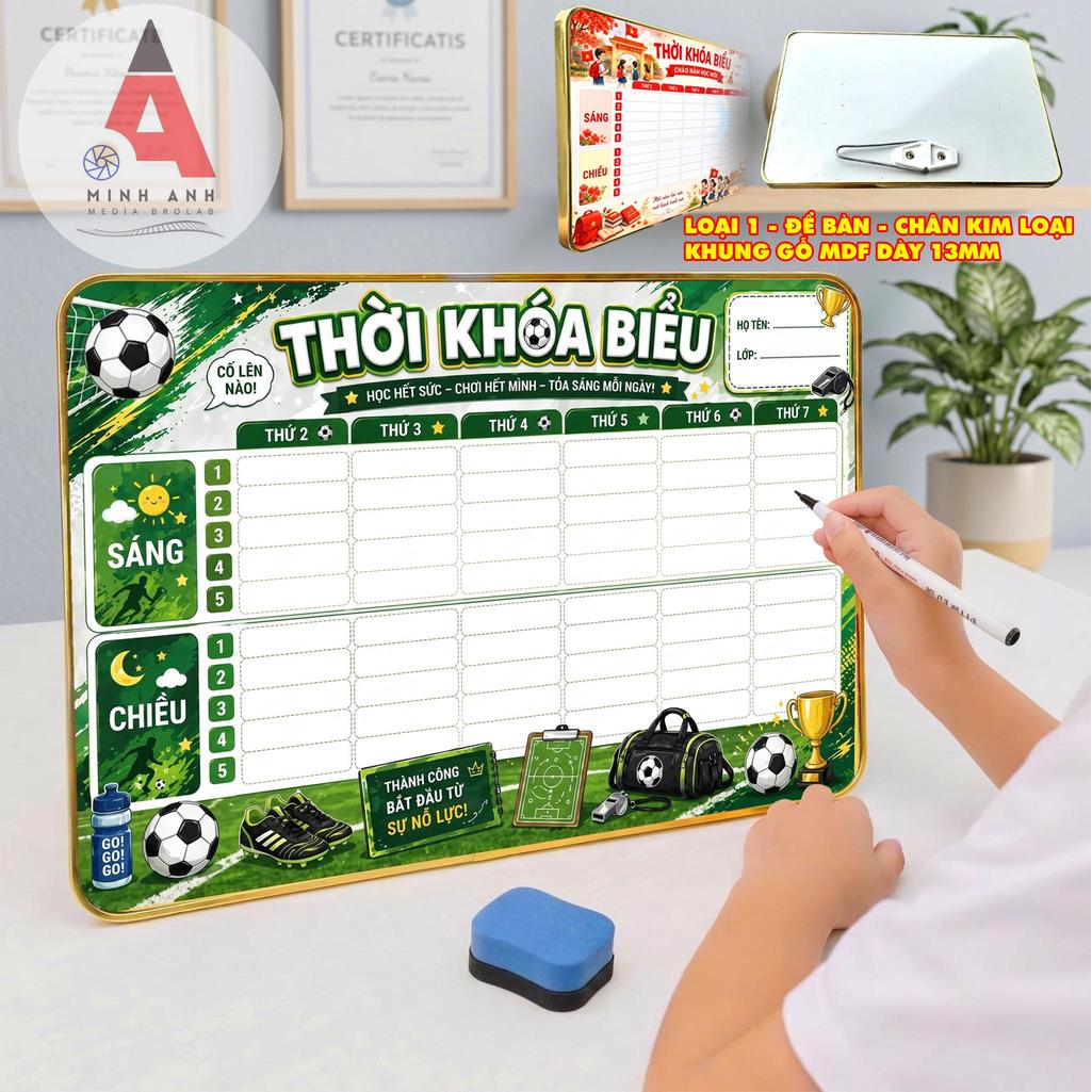Khung gỗ thời khóa biểu vĩnh cửu l MINH ANH MEDIA - Tặng bút xóa được - Bo viền vàng cao cấp - chân để bàn kim loại