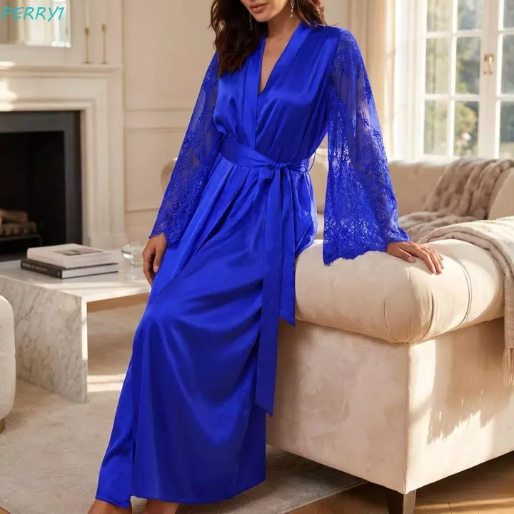 Áo choàng ngủ PERRY Satin, Váy ngủ bằng lụa Satin cỡ lớn thoải mái, Váy ngủ dài tay Đồ ngủ cổ chữ V Bộ đồ ngủ nữ Bộ đồ ngủ Váy ngủ