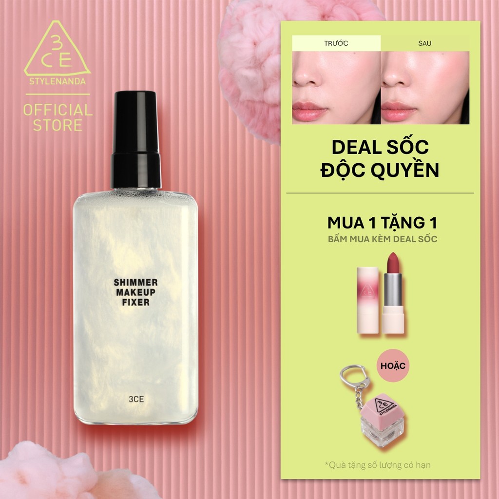 Xịt Khóa Nền 3CE Shimmer Makeup Fixer Tia Sương Mỏng Nhẹ, Bền Chắc Lâu Trôi, Hiệu Quả Giữ Ẩm Căng Bóng